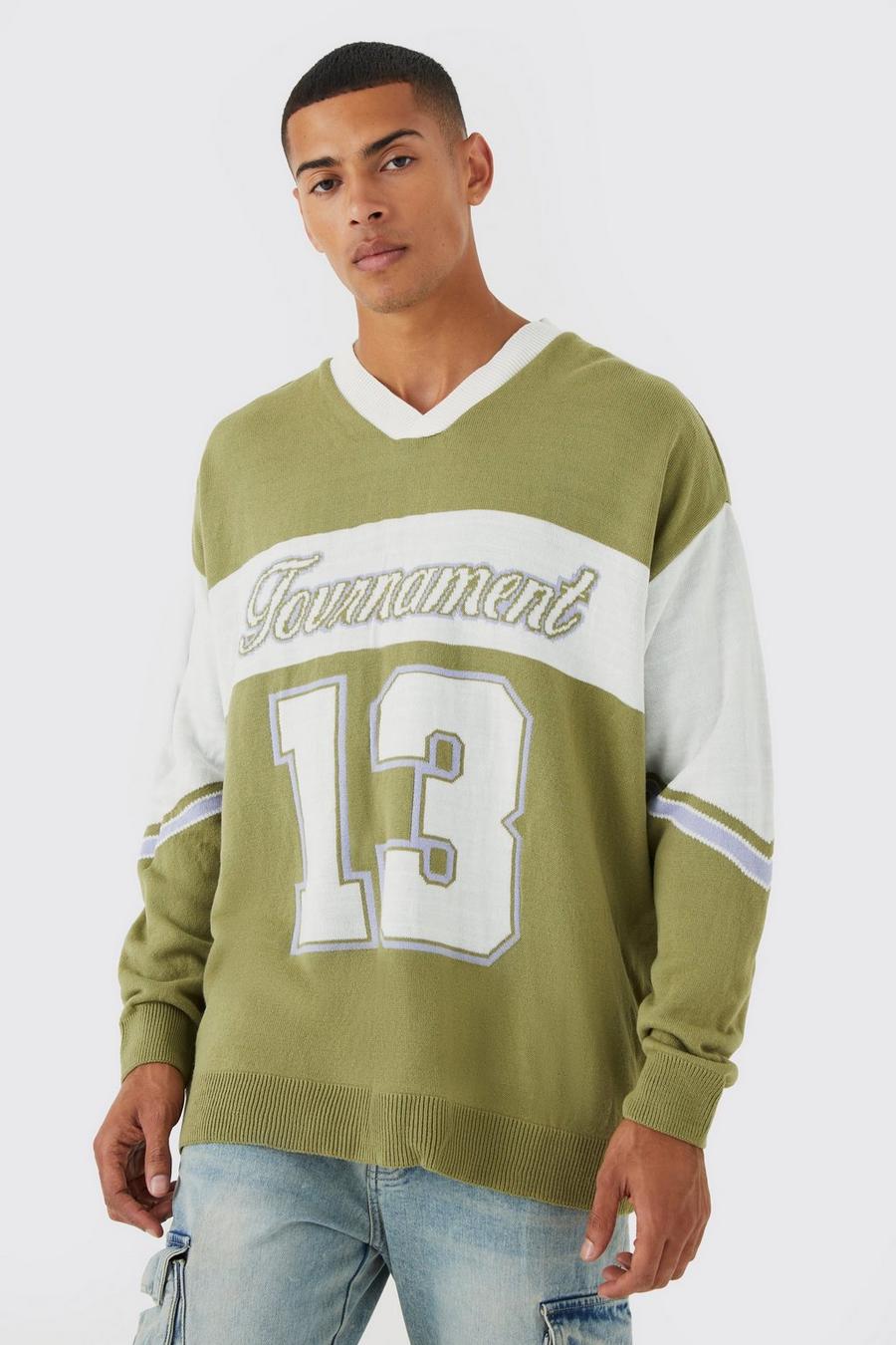 Khaki Oversized V Neck Football Knitted Sweatshirt image number 1