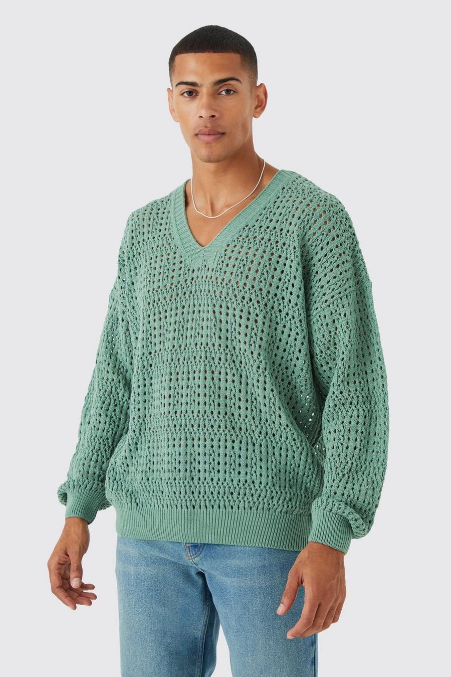 Jersey oversize de croché con escote de pico, Sage green
