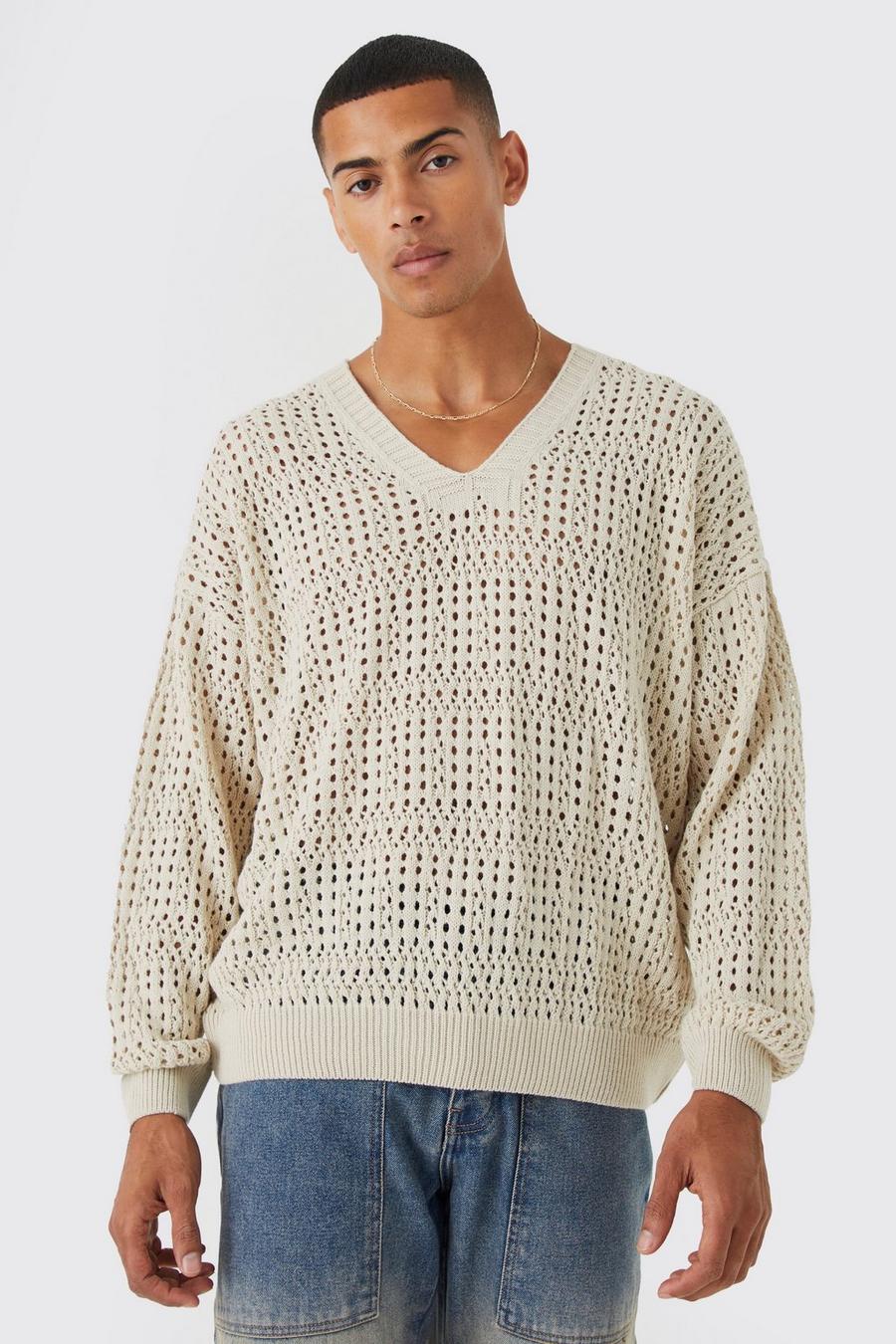 Ecru bianco Oversized V Neck Crochet Jumper