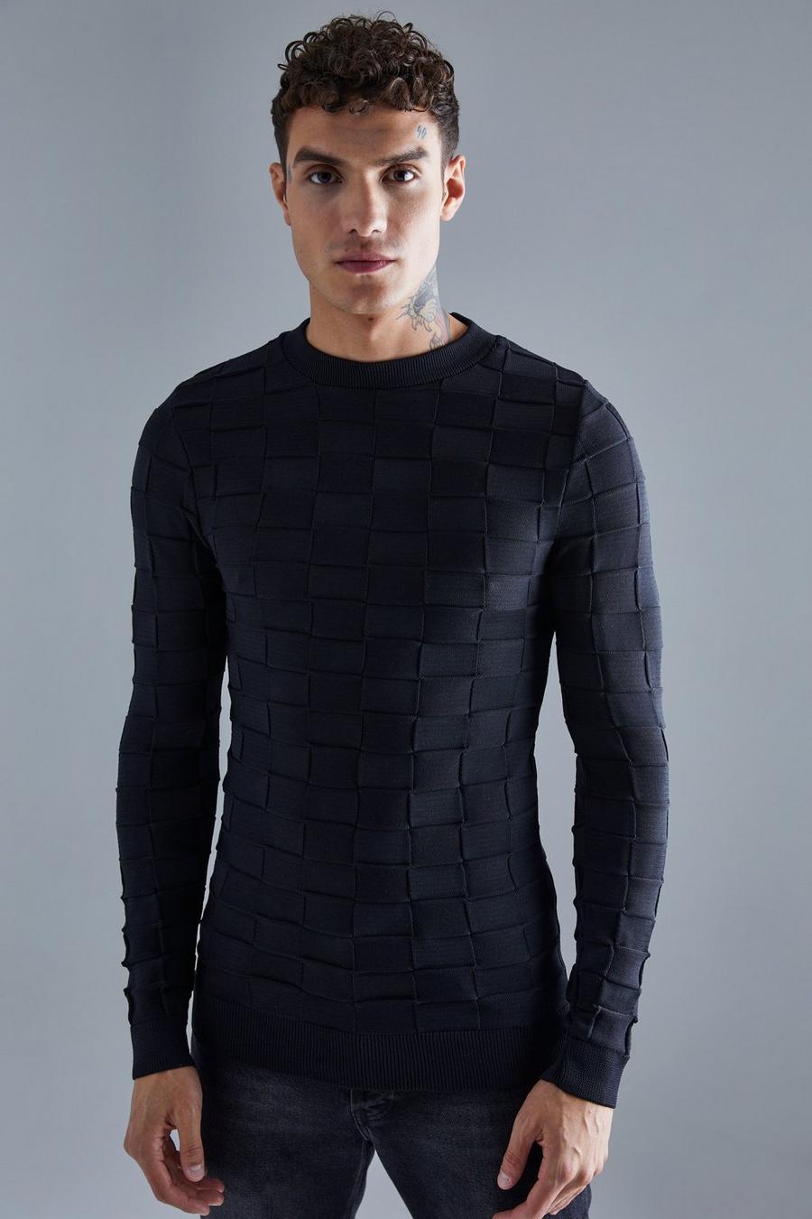 Black Muscle Fit Checkerboard Texture Knit Jumper