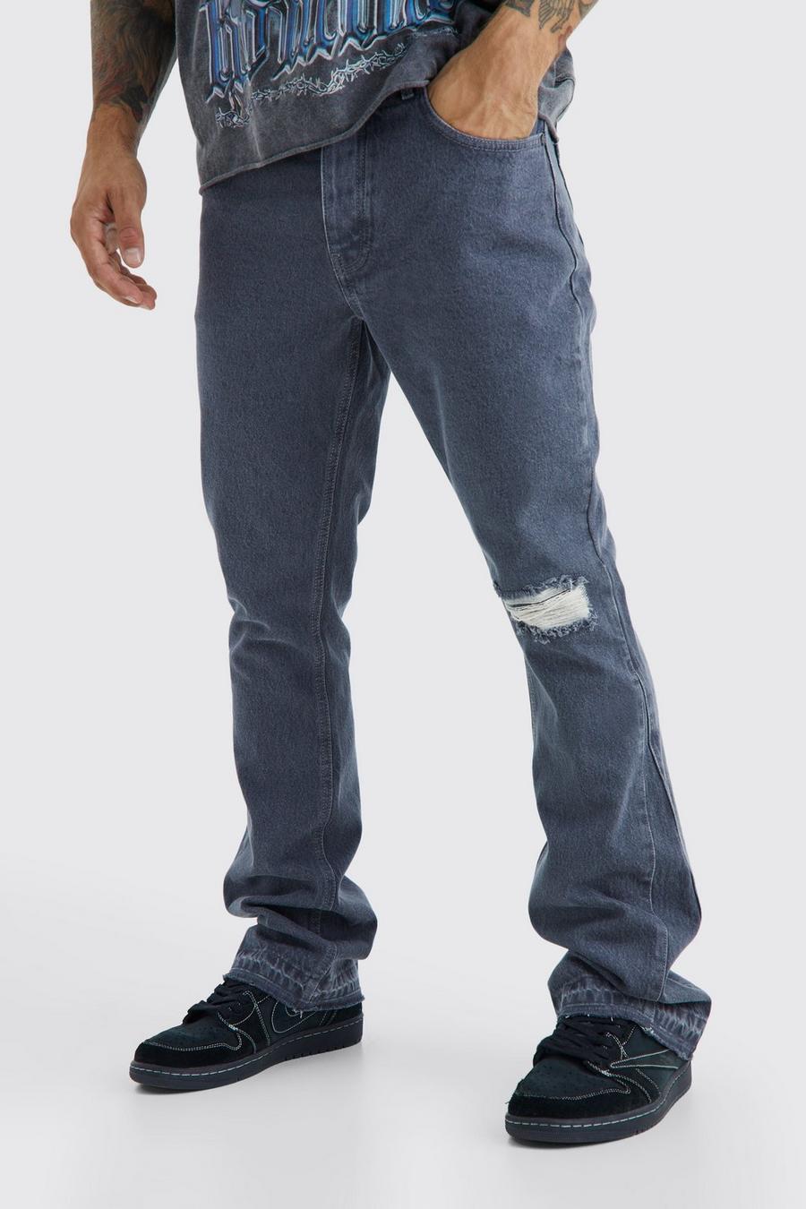 Jeans a zampa Slim Fit in denim rigido con strappi e inserti a contrasto, Grey image number 1