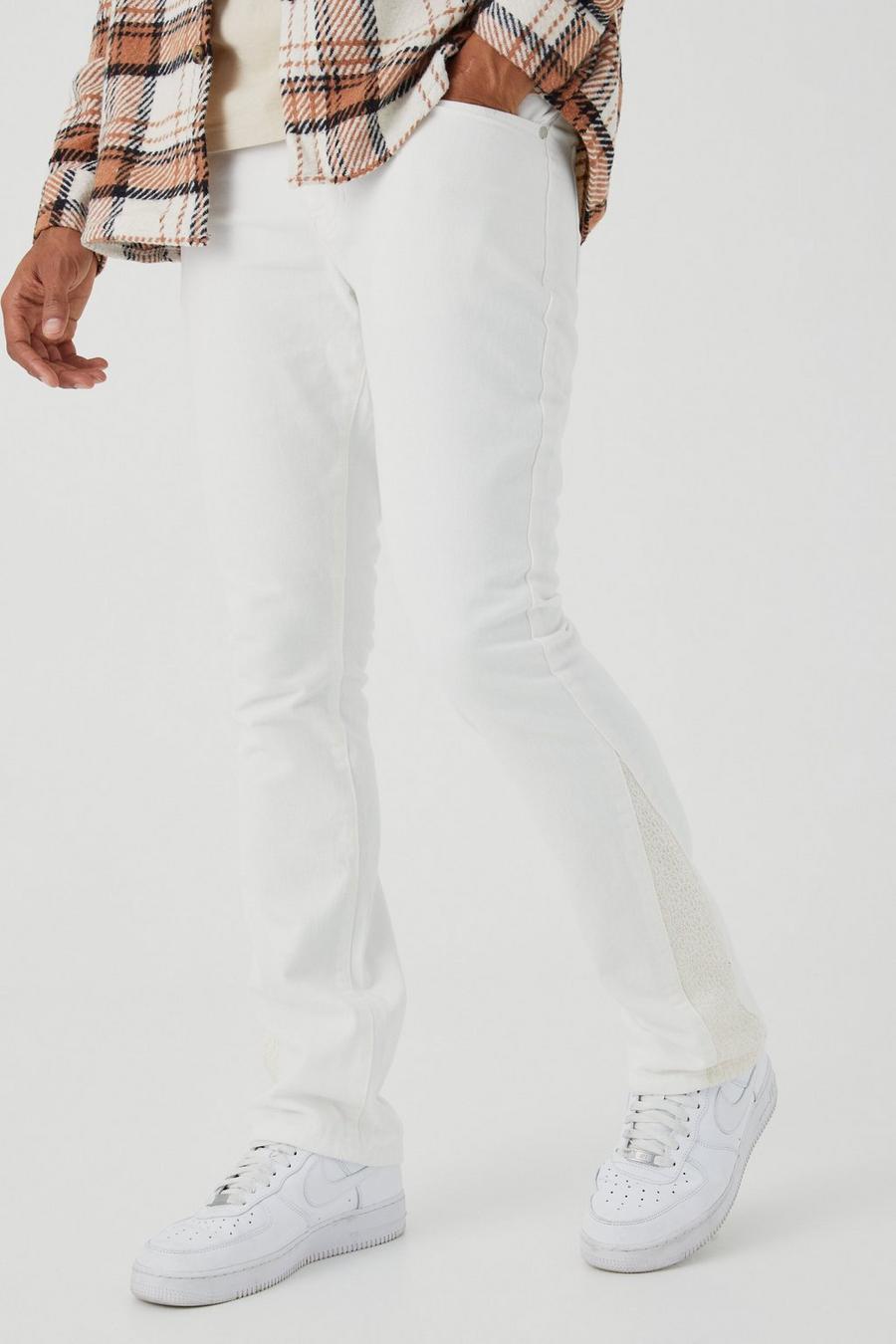 Jeans Slim Fit in denim rigido all’uncinetto con dettagli a zampa, Ecru image number 1