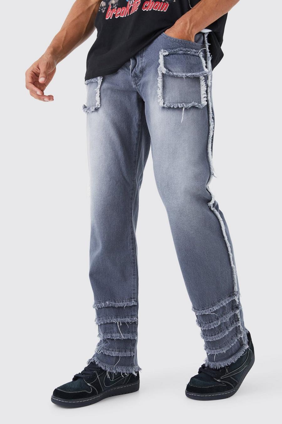Jeans rilassati in denim rigido con pannelli sfilacciati, Dark grey image number 1