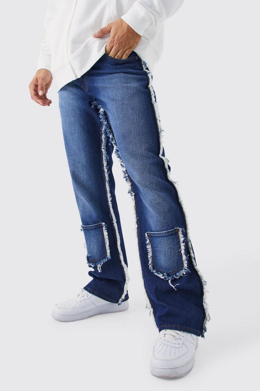 Jeans a zampa rilassati in denim rigido con cuciture sfilacciate, Indigo image number 1