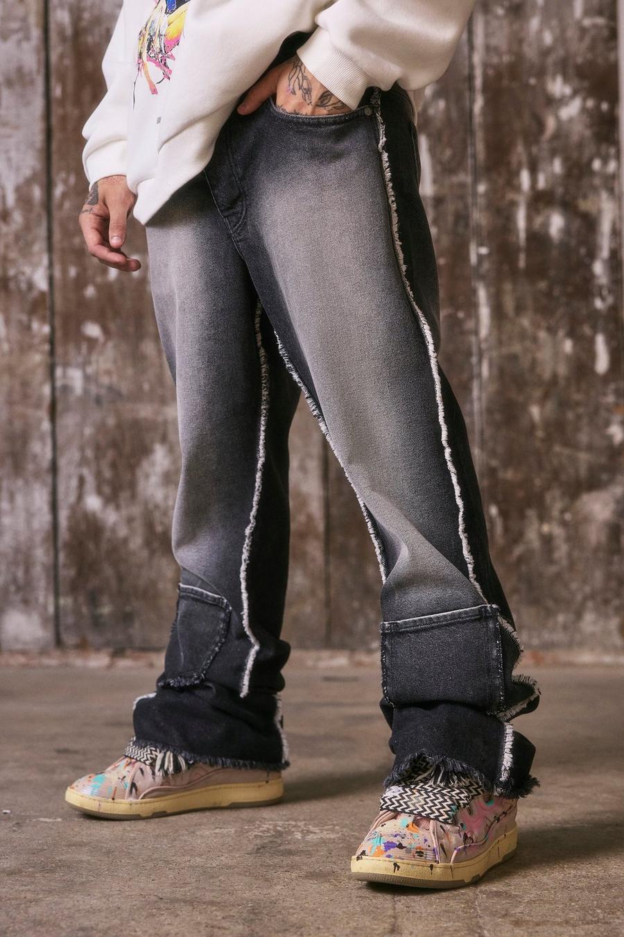 Washed black Relaxed Rigid Flare Frayed Seam Jeans image number 1
