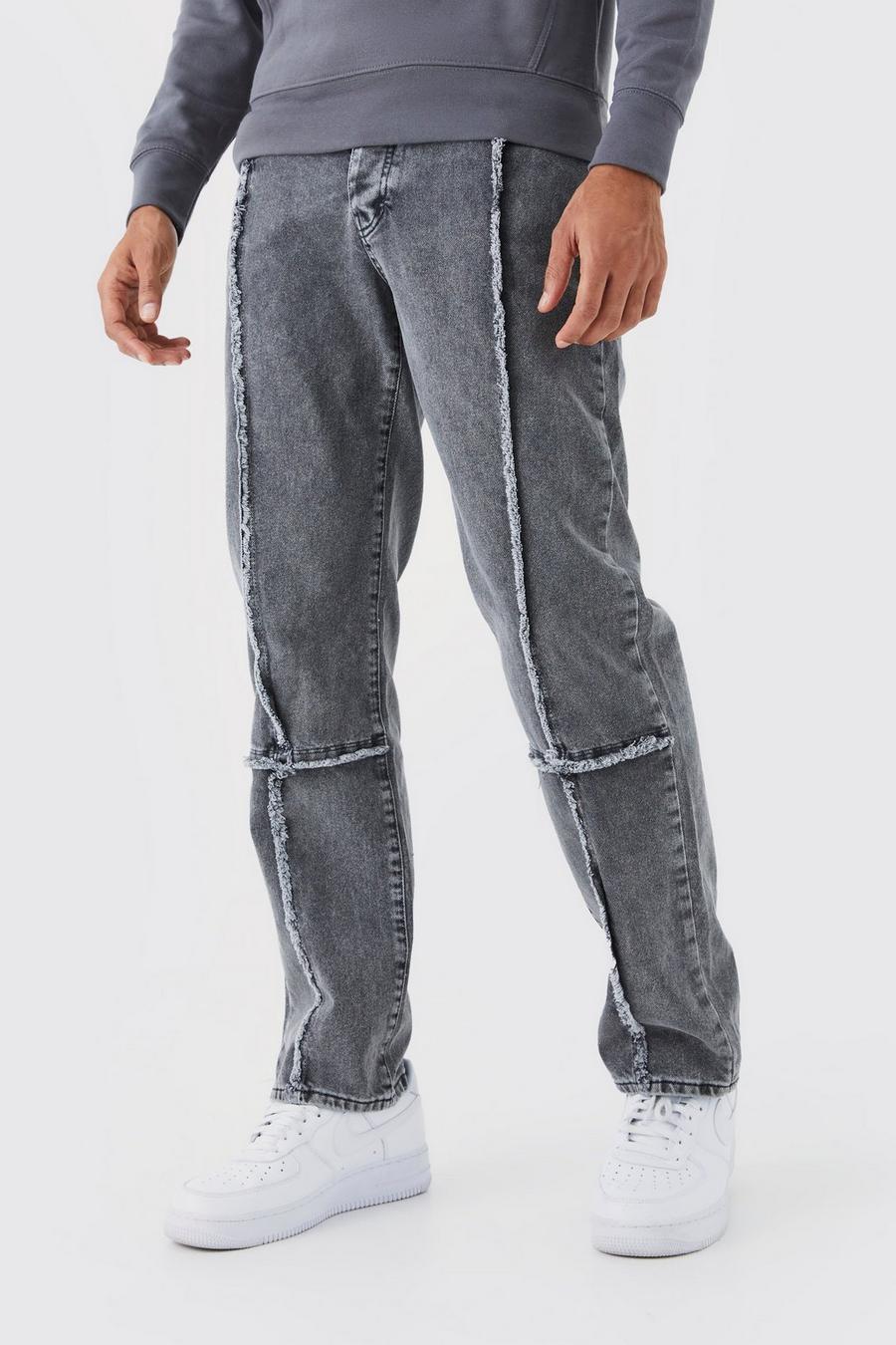 Jeans rilassati in denim rigido effetto smagliato con cuciture, Charcoal grey