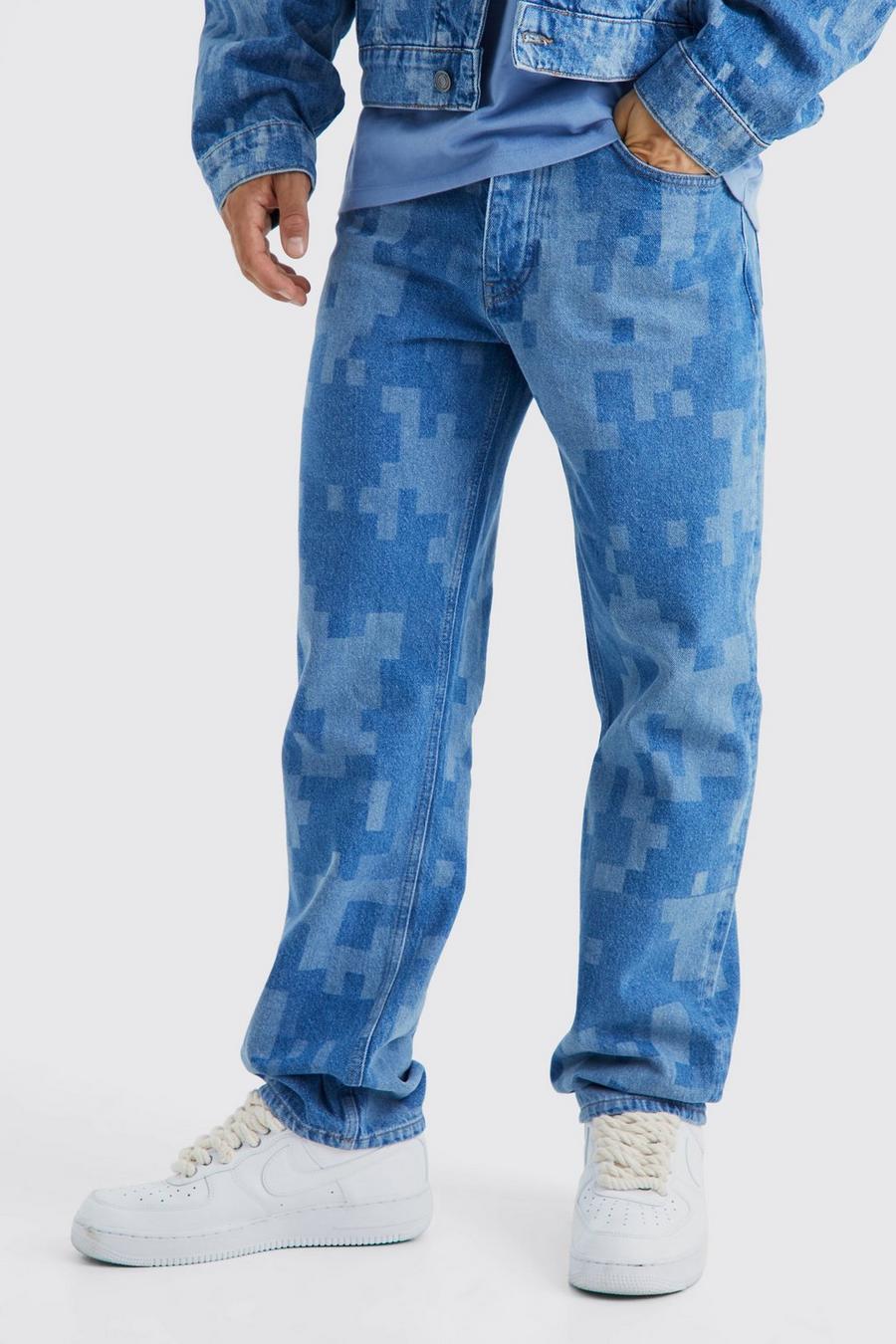 Mid blue Kamouflagemönstrade jeans med ledig passform image number 1