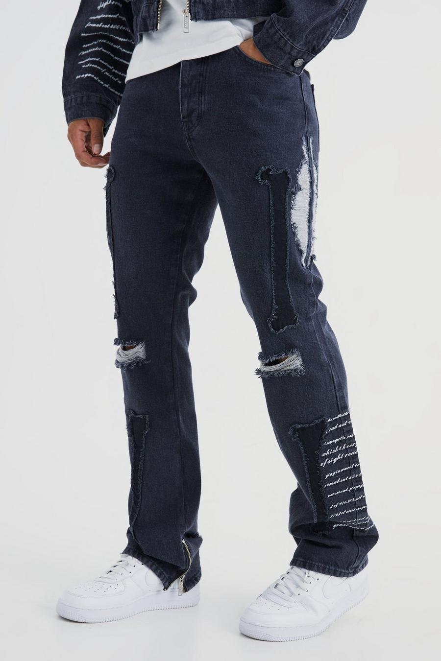 Black Slim Rigid Flare Skeleton Applique Jeans image number 1