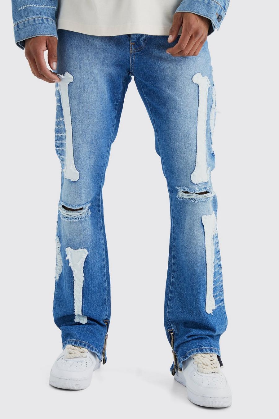Jeans a zampa Slim Fit in denim rigido con applique di scheletro, Mid blue