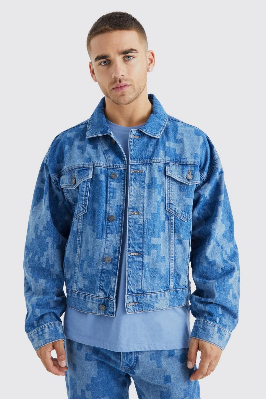Mid blue blau Boxy Fit Camo Laser Print Denim Jacket