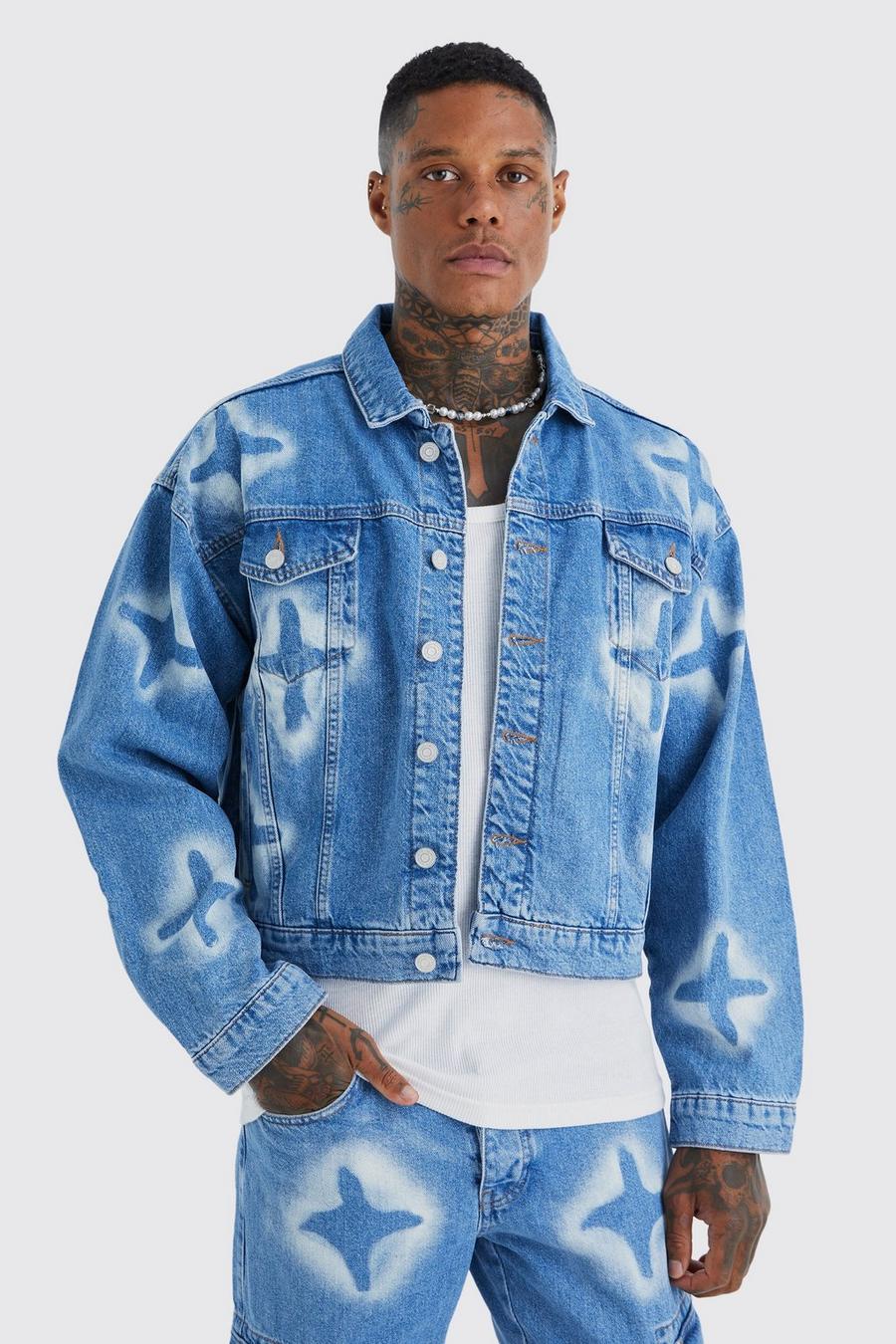 Light blue blau Boxy Fit All Over Star Graphic Denim Jacket