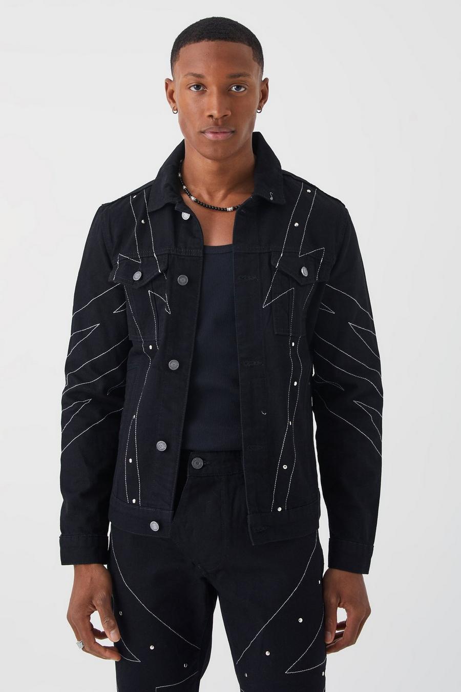 True black Studded Denim Jacket With Contrast Stitch image number 1