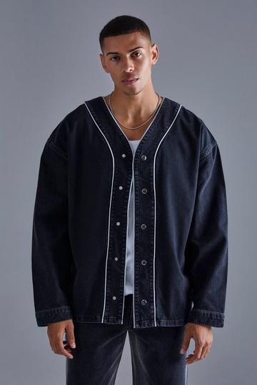 Long Sleeve Denim Baseball Shirt washed black