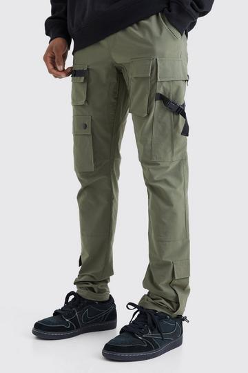 Olive Green Elasticated Waist Slim Multi Cargo Strap Trouser