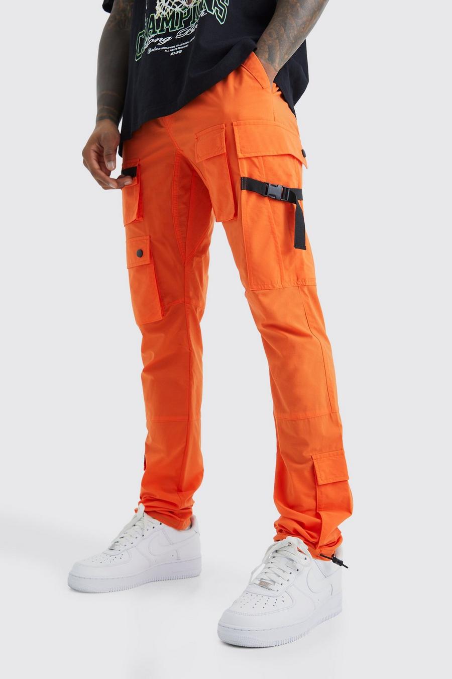 Orange Elasticated Waist Slim Multi Cargo Strap Trouser image number 1