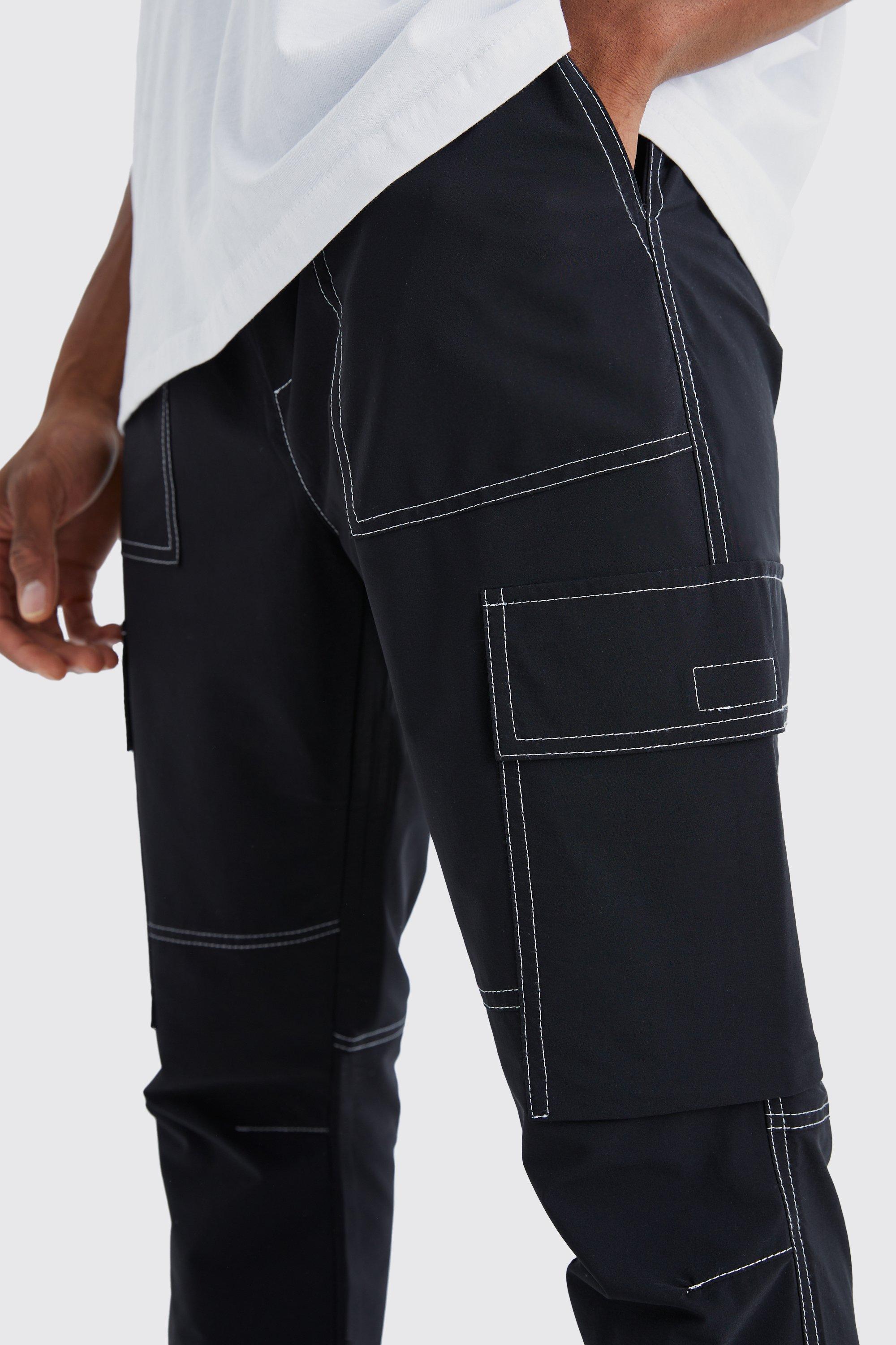 Nylon Contrast Stitch Track Pants - Black