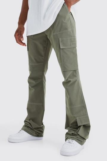 Olive Green Elasticated Waist Slim Flare Contrast Stitch Cargo Trouser