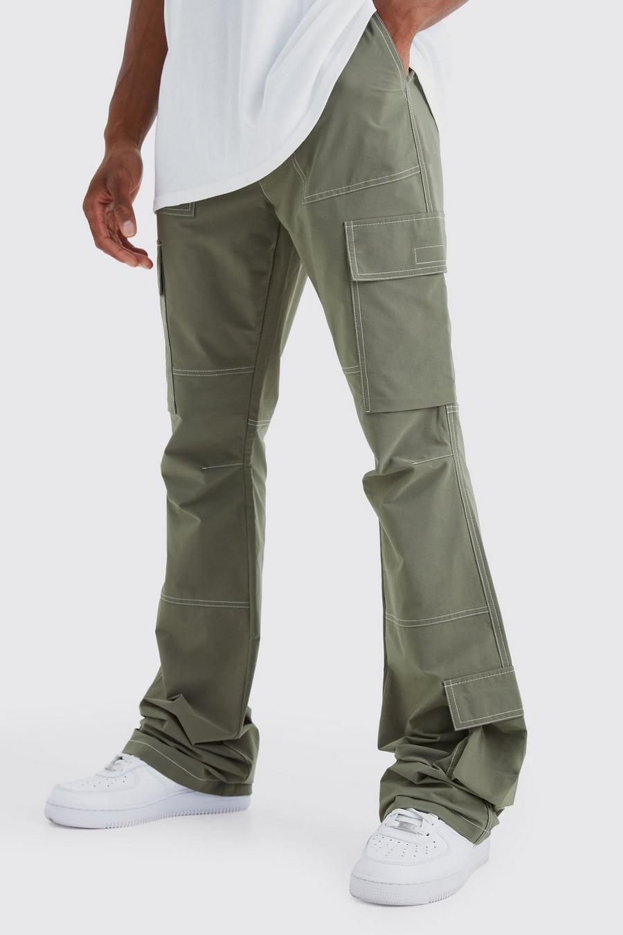 Olive Elastic Waist Slim Flare Contrast Stitch Cargo Pants image number 1