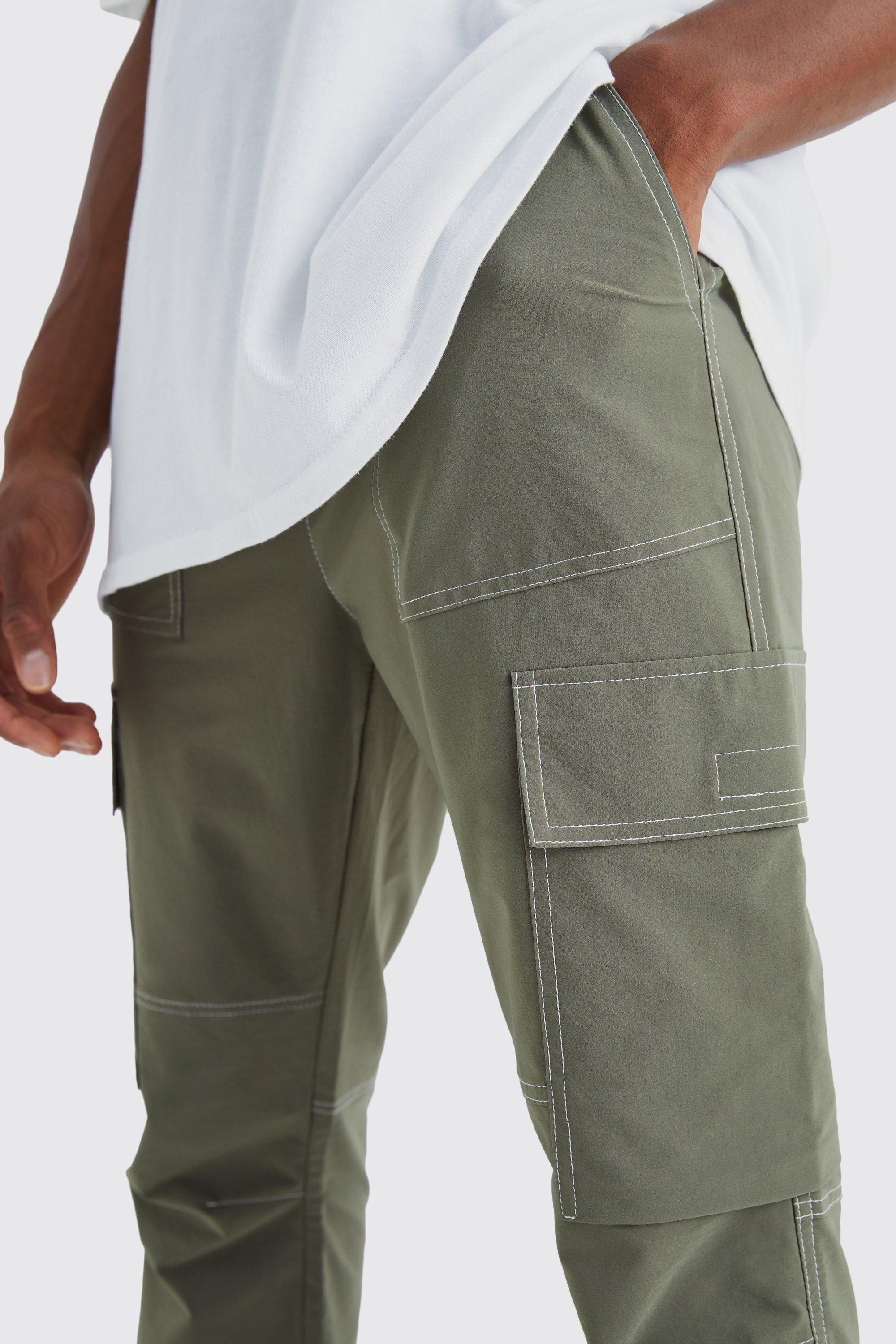 Elasticated Waist Slim Flare Contrast Stitch Cargo Pants