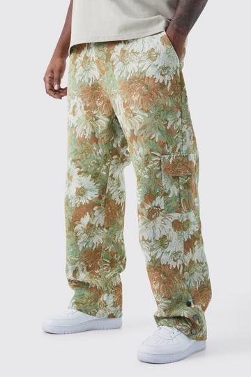 Plus Fixed Waist Relaxed Floral Tapestry Popper Hem Trouser sage
