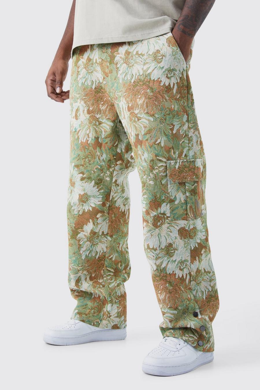 Pantalón Plus holgado con cintura fija, botones de presión en el bajo y estampado de flores estilo tapiz, Sage