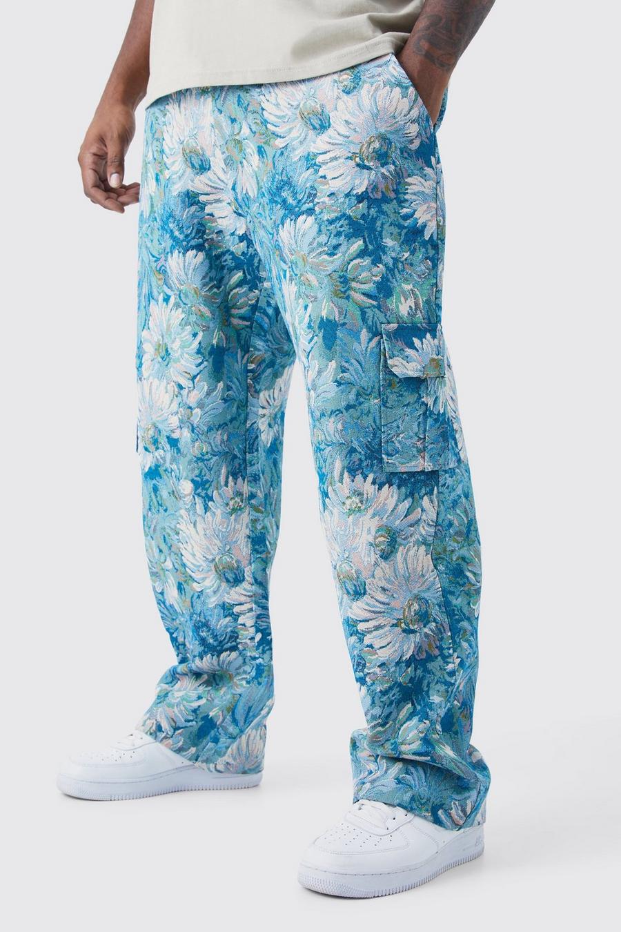 Grande taille - Pantalon cargo à taille fixe et motif tapisserie fleurie, Blue image number 1
