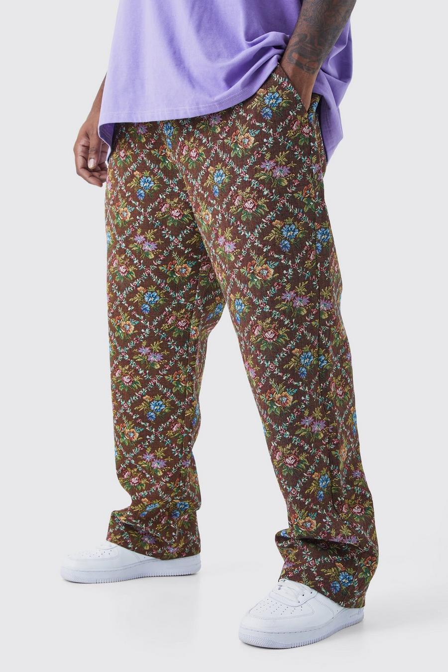Pantalón Plus con cintura fija y estampado de flores estilo tapiz, Chocolate