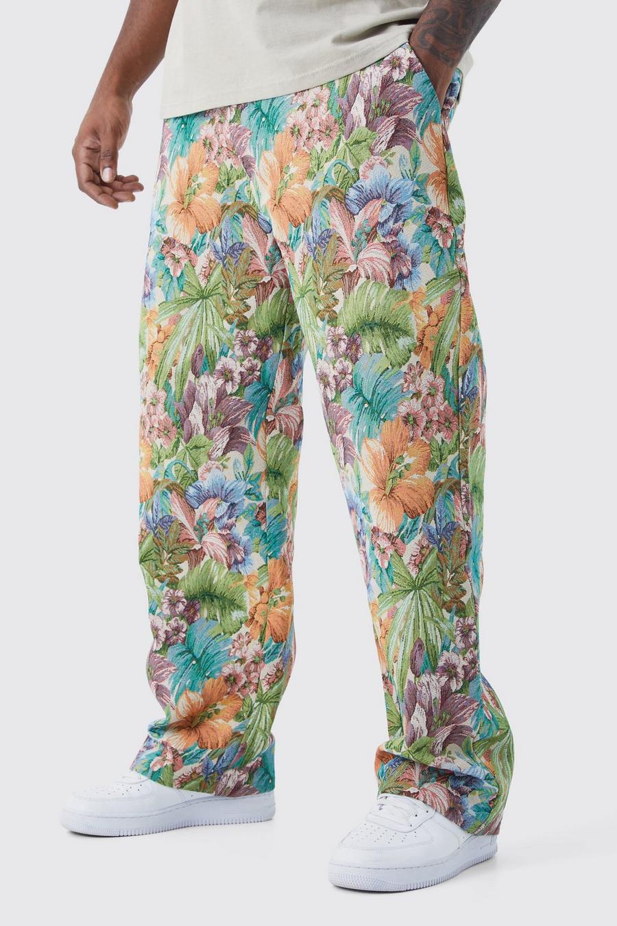 Pantaloni Plus Size stile arazzo a fiori con vita fissa, Stone beis
