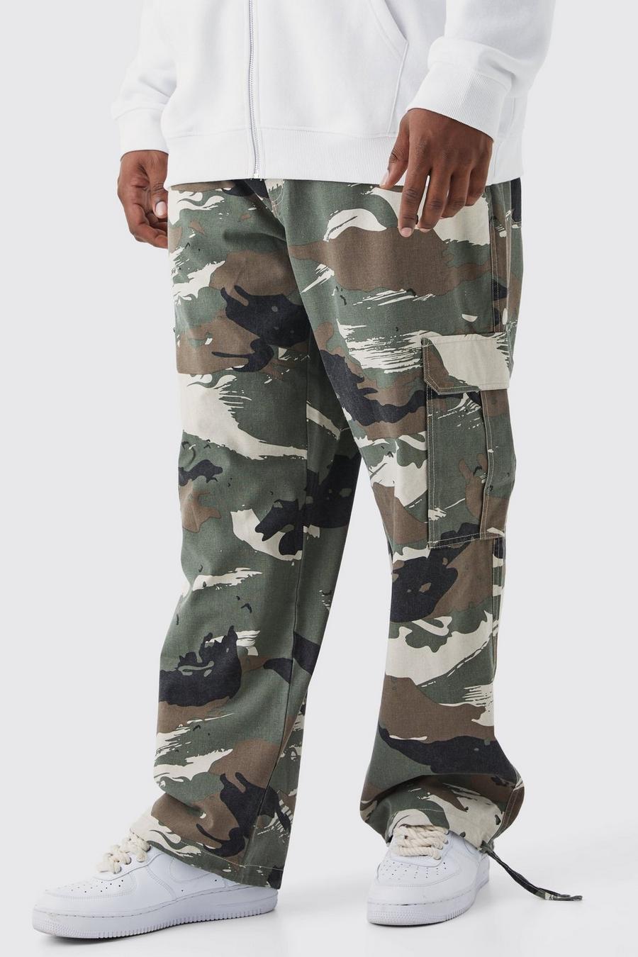 Pantaloni Cargo Plus Size rilassati in fantasia militare con vita fissa, Stone image number 1