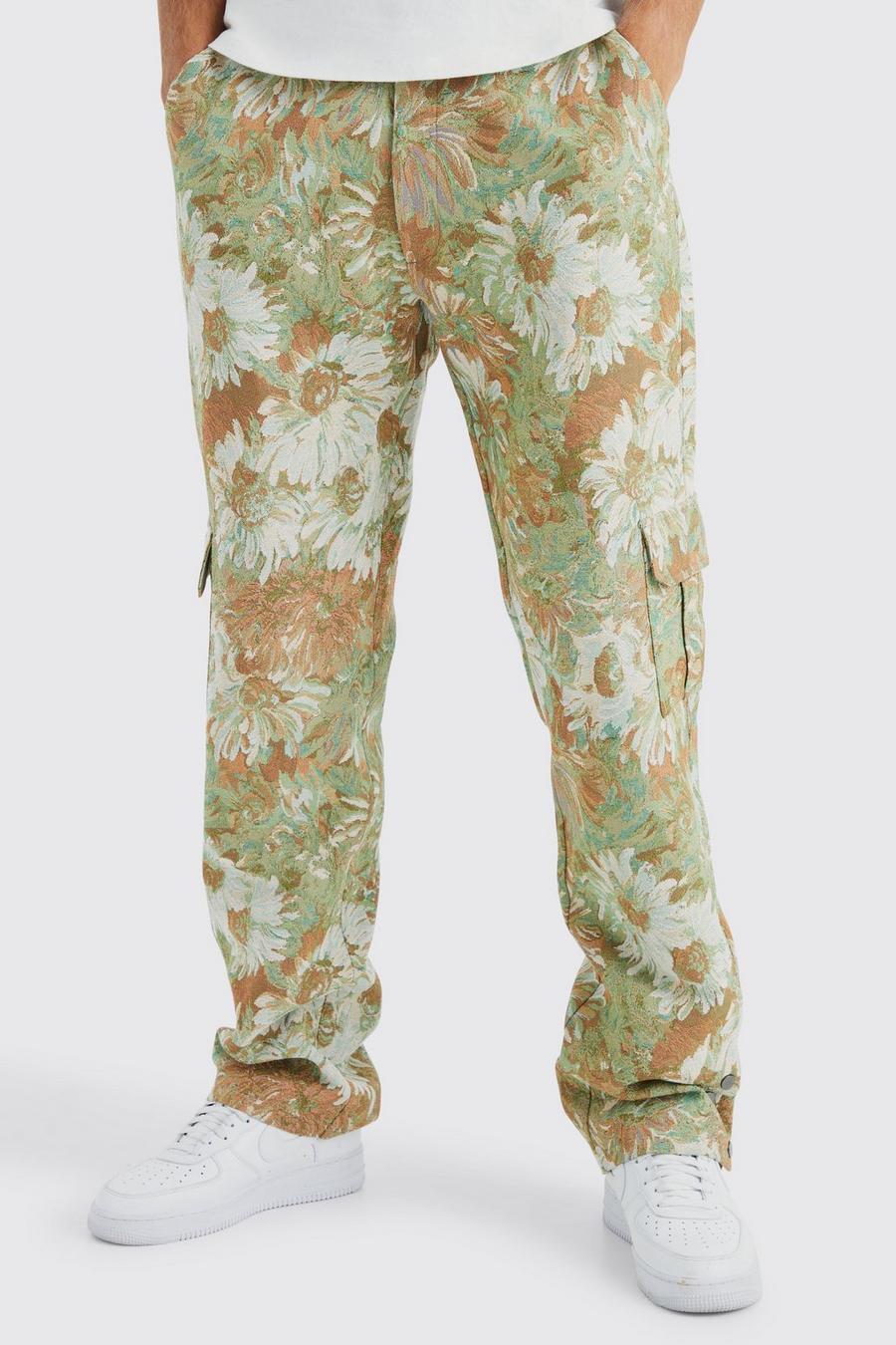Pantalón Tall holgado con cintura fija, botones de presión en el bajo y estampado de flores estilo tapiz, Sage