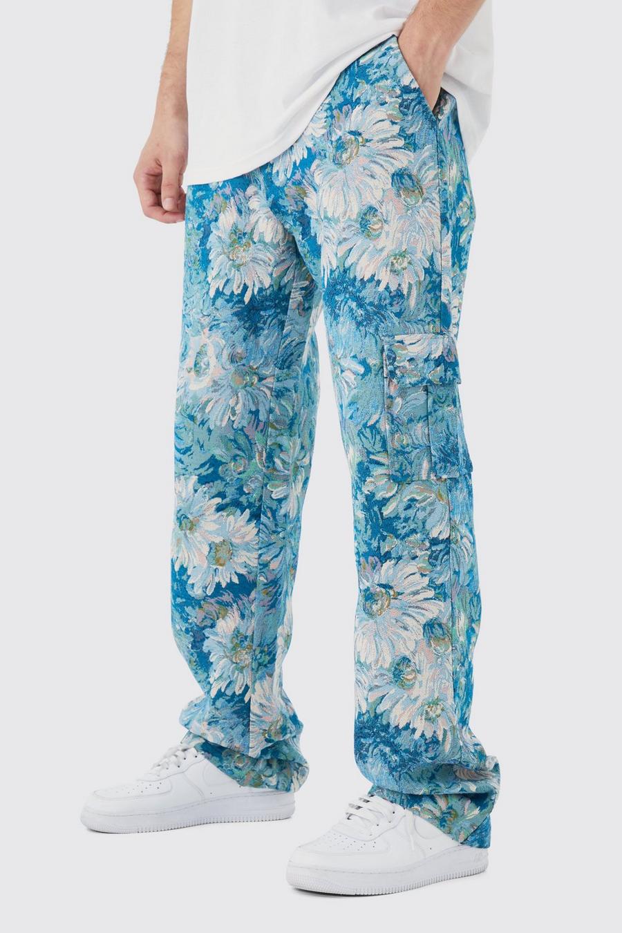 Blue Tall Fixed Waist Floral Tapestry Cargo Trouser image number 1