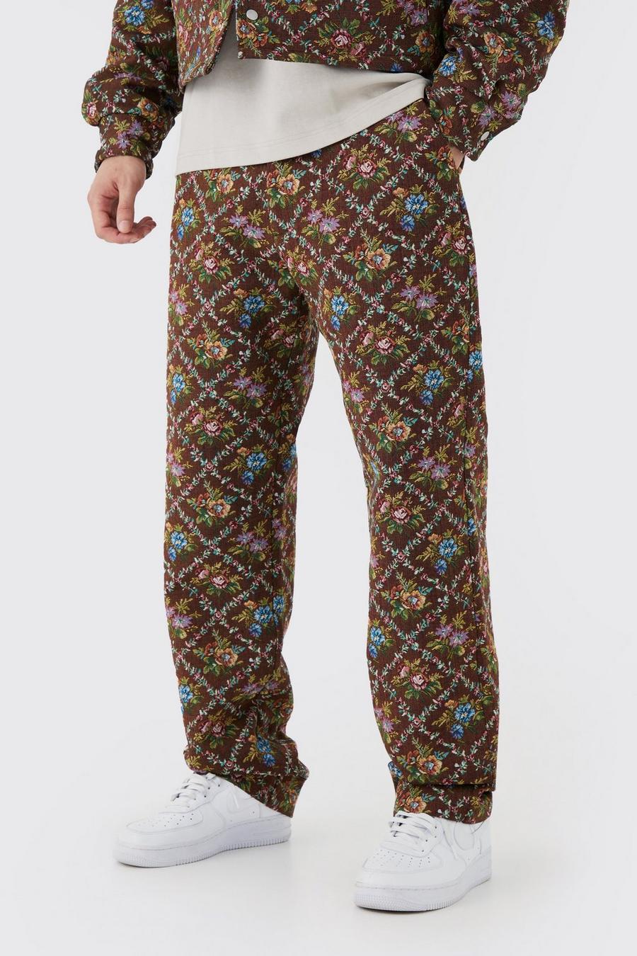 Pantalón Tall con cintura fija y estampado de flores estilo tapiz, Chocolate image number 1