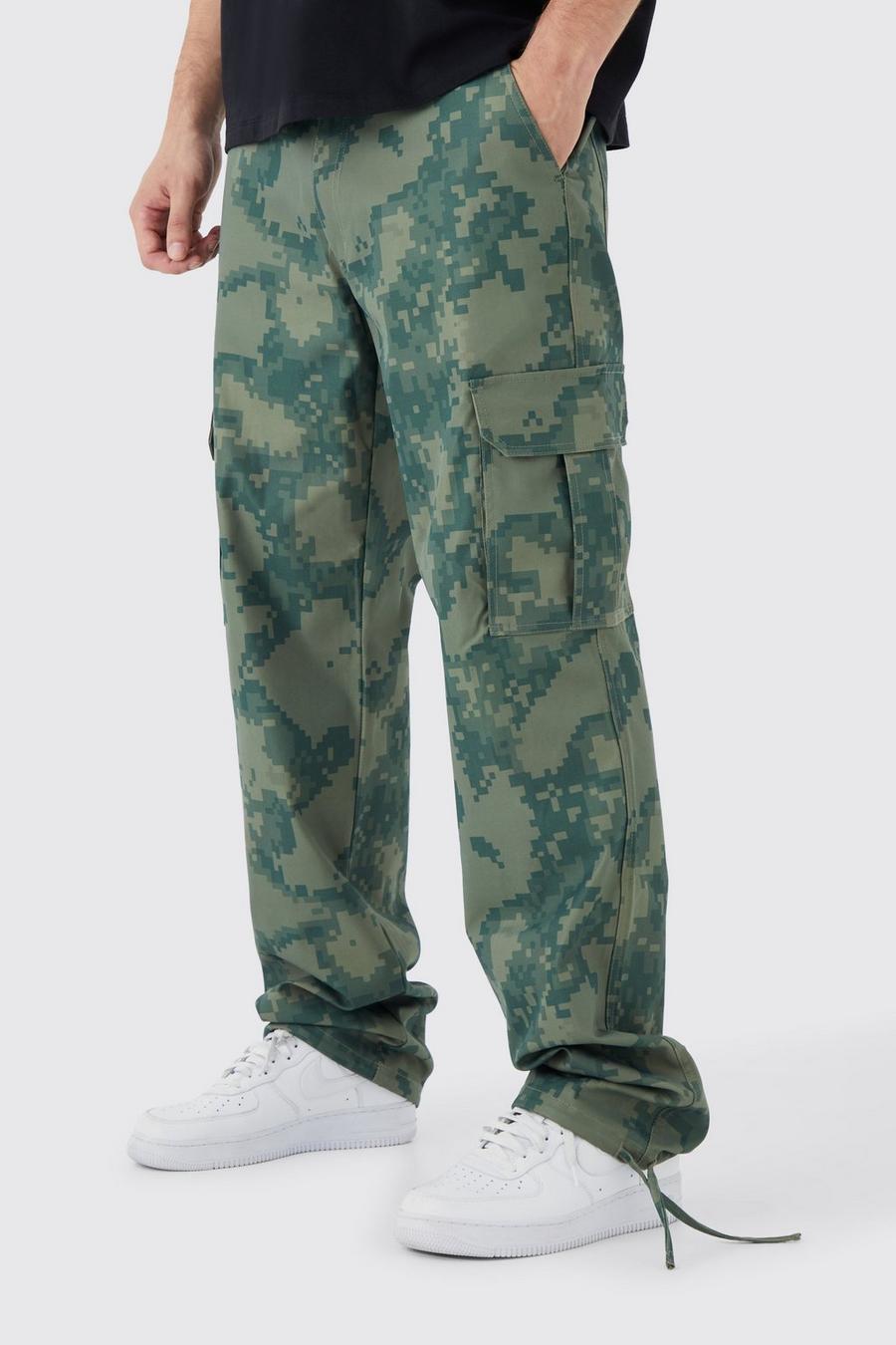 Pantaloni Cargo Tall rilassati in fantasia militare con vita fissa e pixel, Khaki