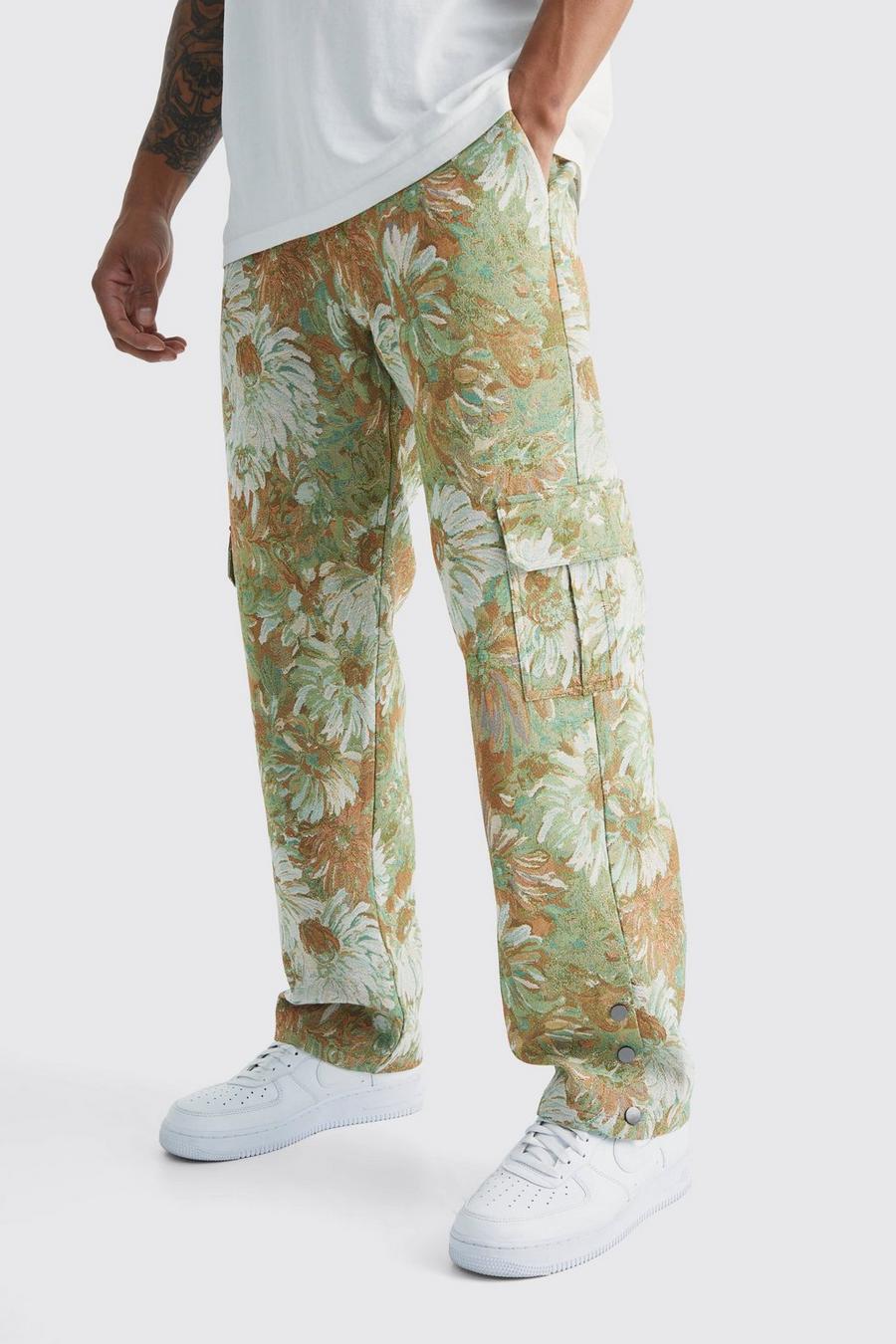 Pantalón holgado con cintura fija, botones de presión en el bajo y estampado de flores estilo tapiz, Sage image number 1