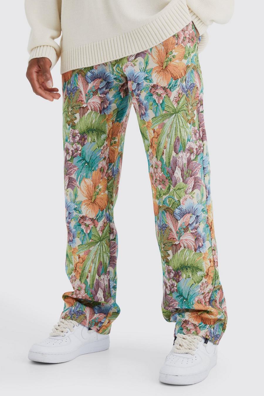 Pantalón con cintura fija y estampado de flores estilo tapiz, Stone image number 1