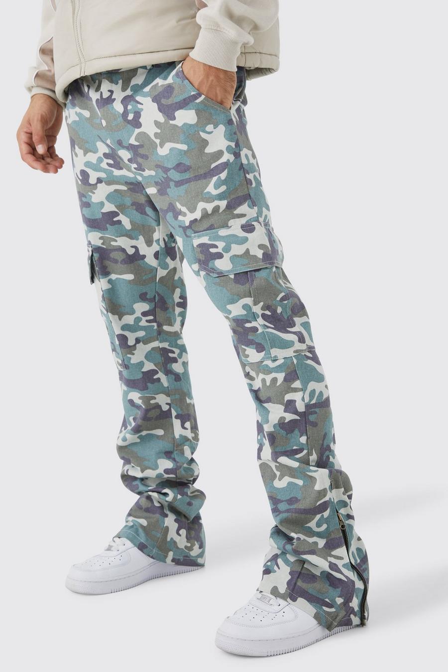 Sand beis Fixed Waist Slim Flare Washed Camo Gusset Trouser