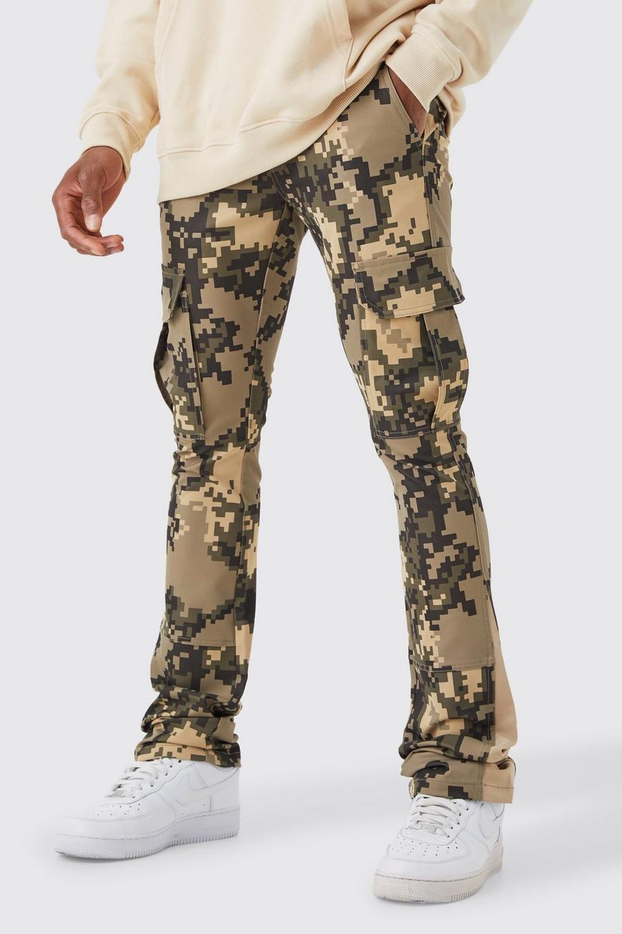 Pantaloni Cargo a zampa Skinny Fit con vita fissa, pixel e pieghe sul fondo, Chocolate