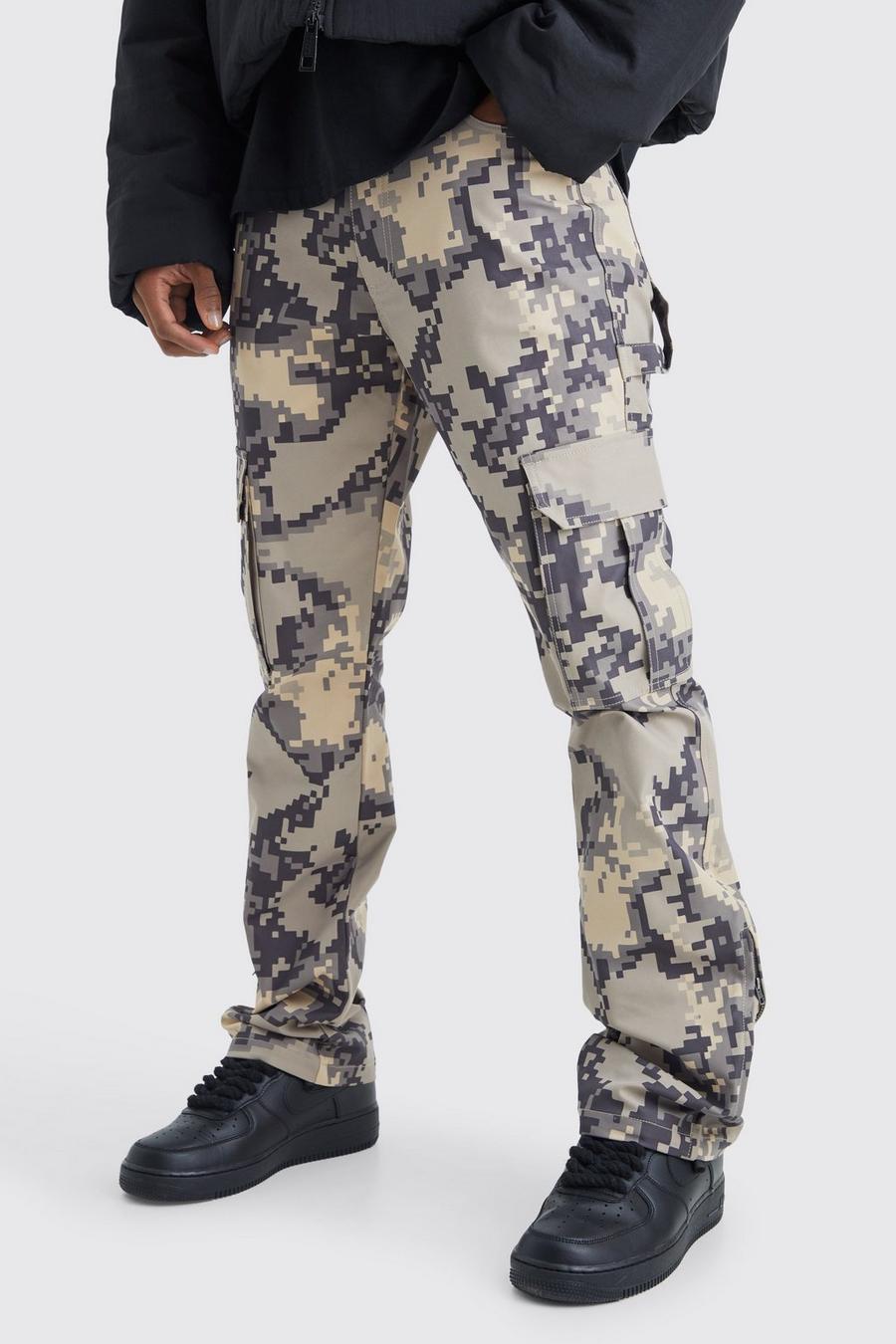 Pantalon cargo slim à imprimé camouflage, Stone