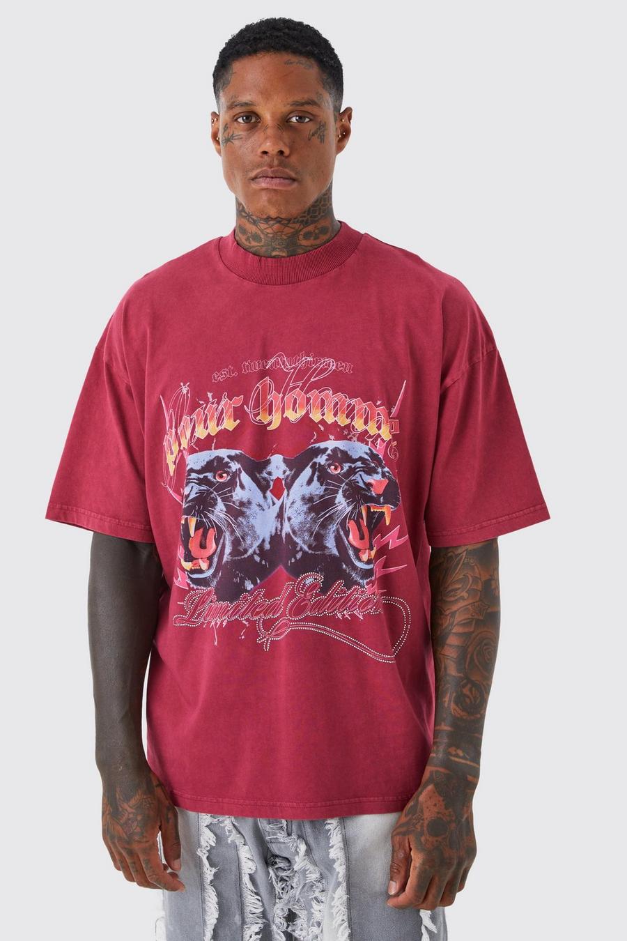 Maroon red Oversized Acid Graphic Rhinestone T-shirt