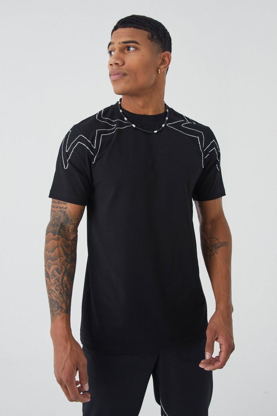 Black Dik Slim Fit Sterren T-Shirt Met Steentjes image number 1