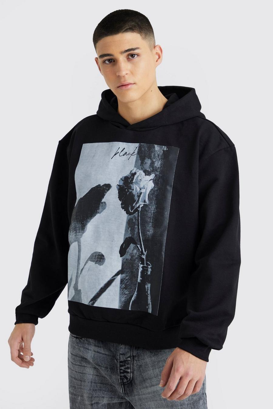 Black Oversized Boxy Heavyweight Graphic Hoodie image number 1