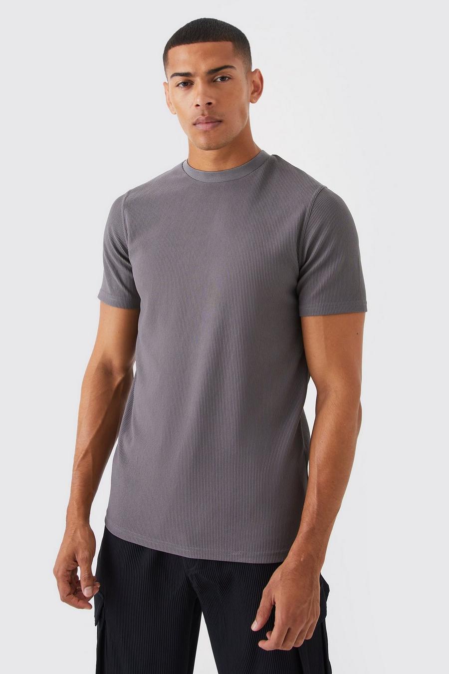 Charcoal grey Geribbeld Slim Fit Ottoman T-Shirt