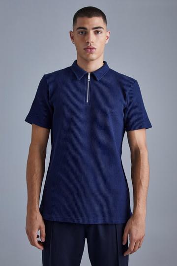 Slim Heavyweight Waffle 1/4 Zip Polo navy