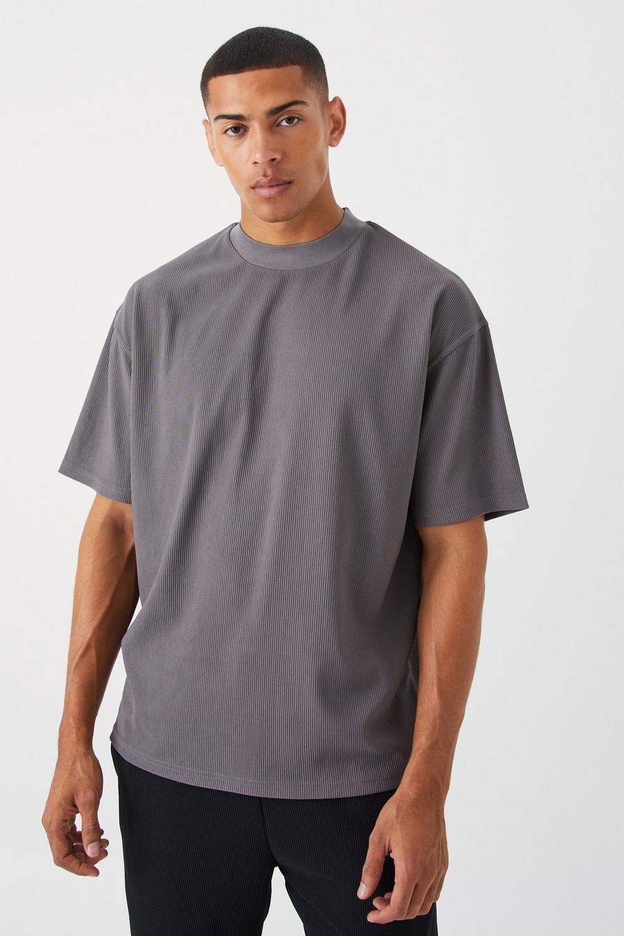 Charcoal gris Oversized Geribbeld Ottoman T-Shirt Met Brede Nek