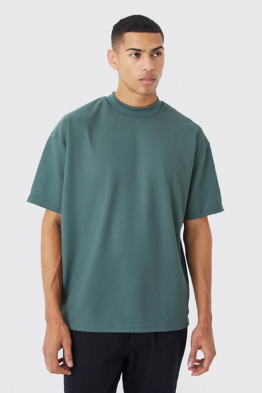 Green Oversized Geribbeld Ottoman T-Shirt Met Brede Nek image number 1