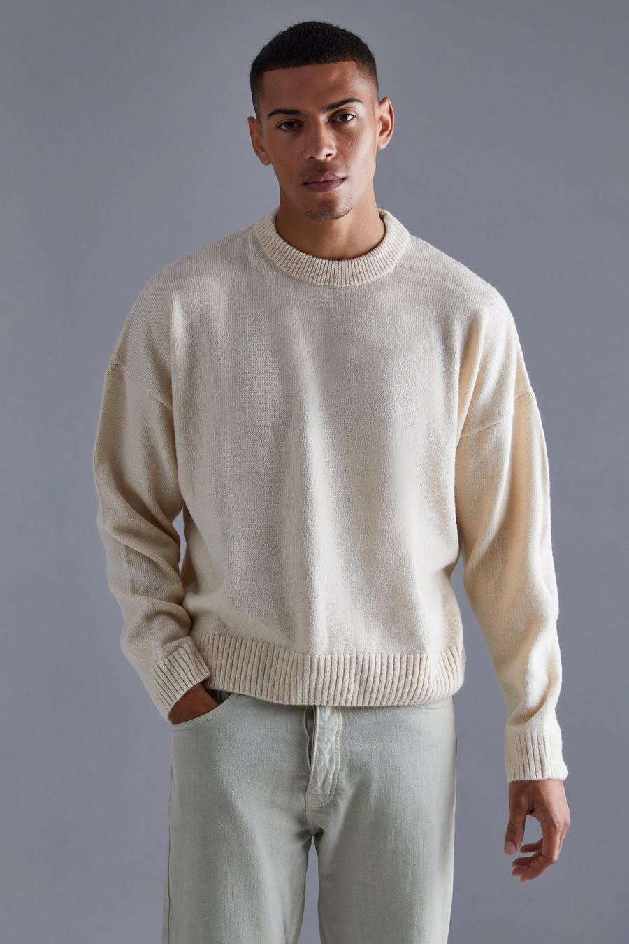 Ecru Boxy Brushed Extended Neck Knitted Sweater