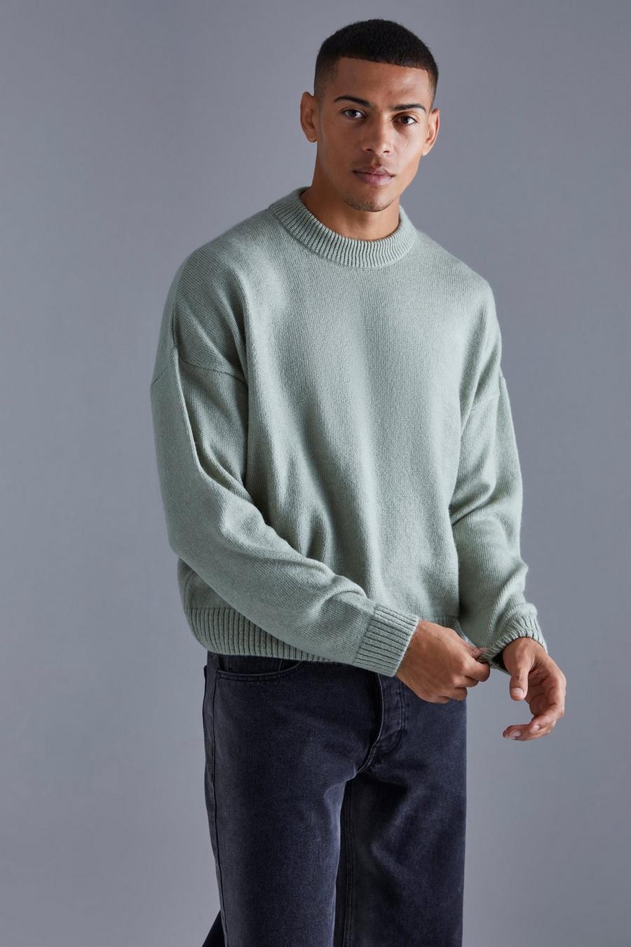 Sage Boxy Brushed Extended Neck Knitted Jumper