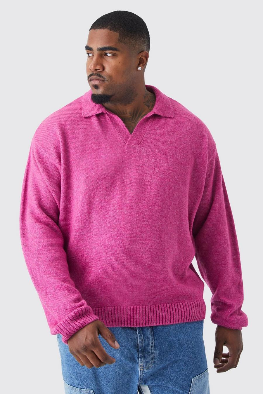 Hot pink Plus Boxy Long Sleeve Knitted Revere Polo