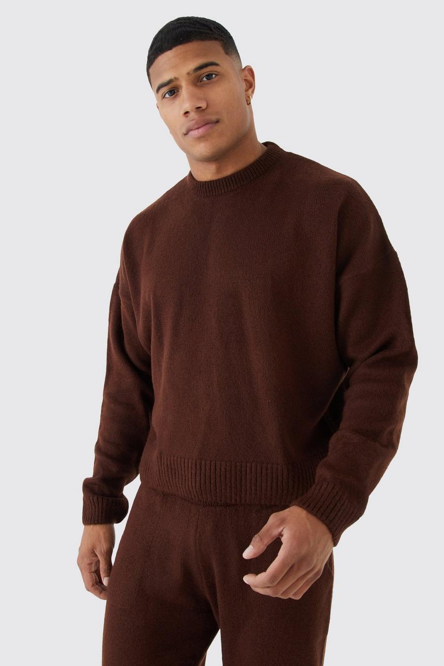 Chocolate Boxy Brushed Knitted Jumper image number 1