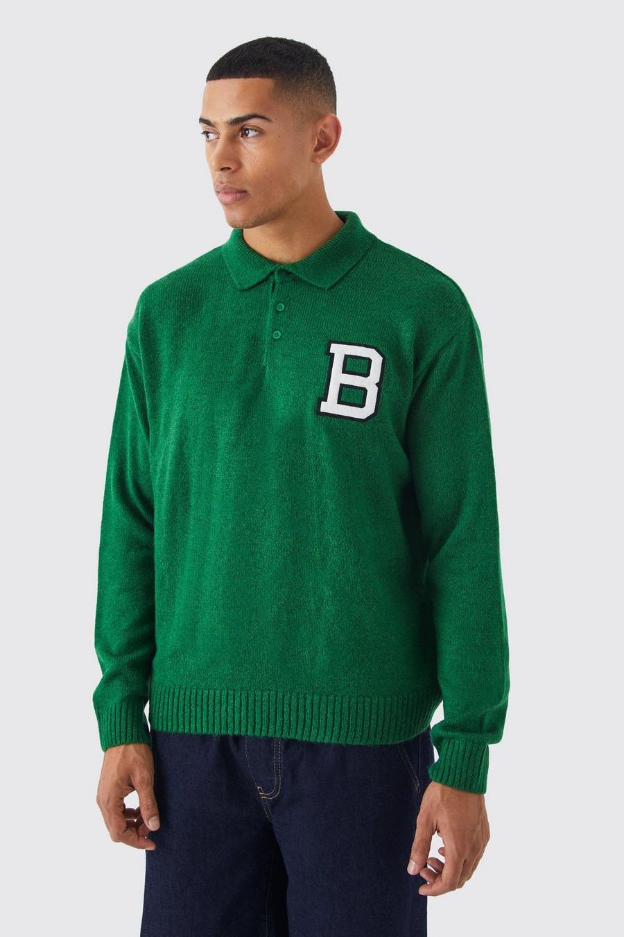 Green Boxy Knitted Varsity Polo With B Badge image number 1